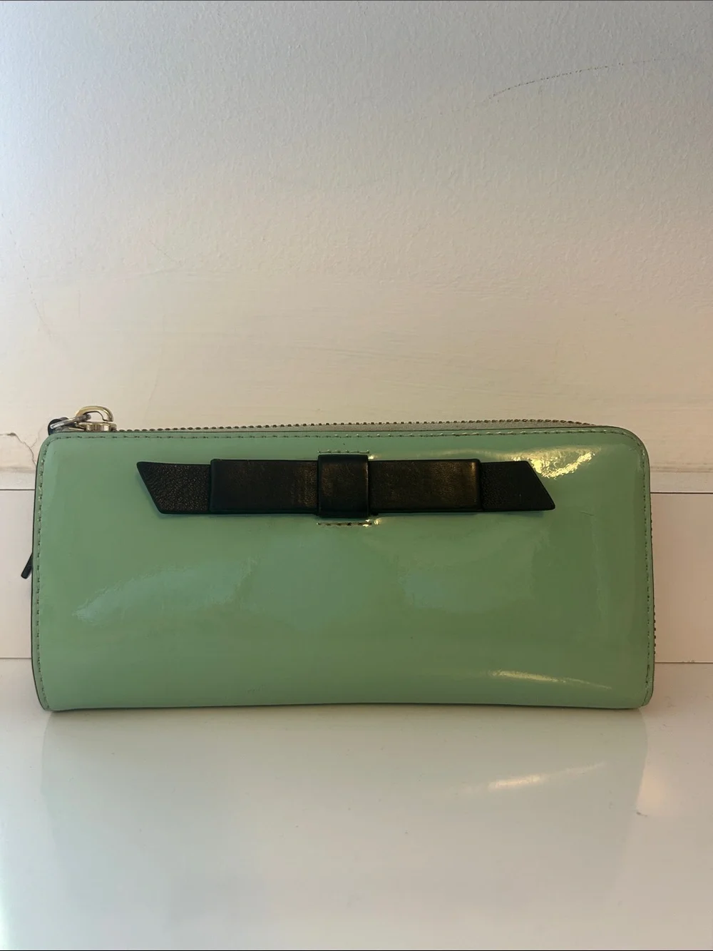 Kate Spade Mint Patent Zip Wallet with Black Bow Accent